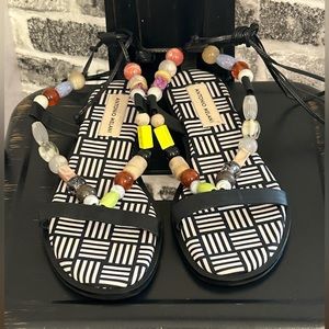 Antonio Melani Loola Beaded Leather Ankle Wrap Flat Sandals Size 6.5M